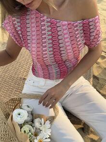 Livesso Women's Casual Asymmetric Collar Striped Blouse, Summer - Pink - View 7