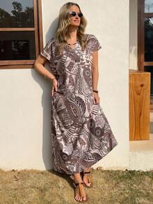 Vivie Lora Women's V-Neck Loose Brown Floral Print Dress Summer Sundress Boho Vacation Outfits Women - Brown - View 3
