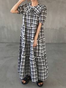 FRIFUL Women's Peter Pan Collar All-Over Plaid Decor Loose Multi-Layered Patchwork A-Line Dress Summer Dress Sundress Vacation - Blue - View 5