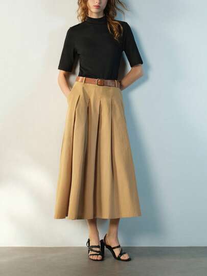 Maija Pleated Solid Color Minimalist Mid-Length Dress With Belt Decor For Women Belt Skirt Khaki Skirt Women Tops For Skirts Pleated Skirts For Women Valentine's Day Vacation Outfits Women Spring To Summer Party Dress