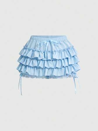 Kawaii Pantalones cortos de mujer de verano de unicolor casual con cintura elástica, lazo y volantes en el bajo