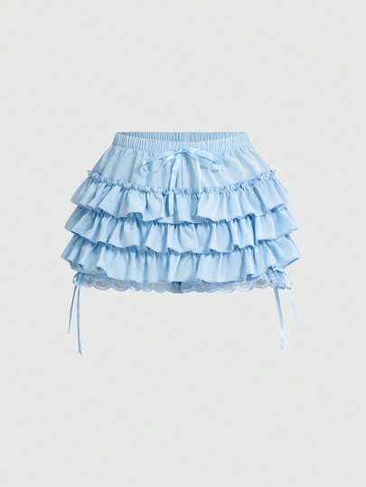 Kawaii Pantalones cortos de mujer de verano de unicolor casual con cintura elástica, lazo y volantes en el bajo