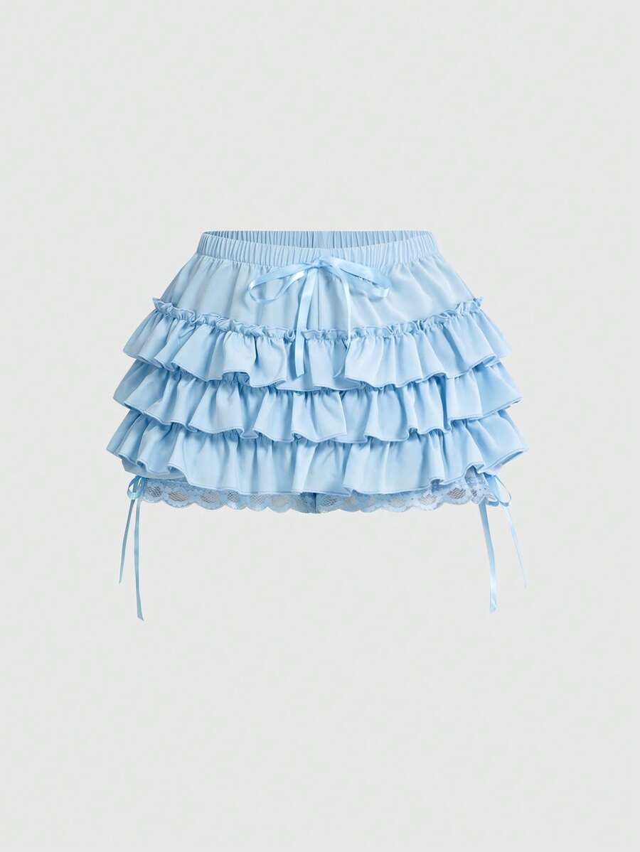 ROMWE Kawaii Women's Casual Solid Color Elastic Waist Bow Tie Ruffle Hem Shorts, Summer - Baby Blue - View 1