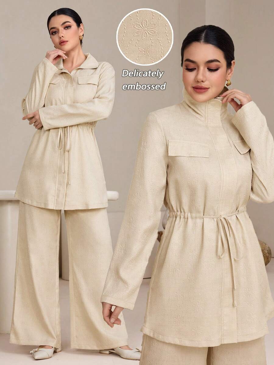 Graceveil Bộ 2 món áo khoác cổ đứng có dây rút điều chỉnh dành cho nữ và quần in họa tiết. - Màu be - Xem 1