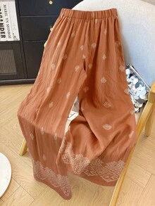 Ceyna 大码女式休闲度假梭织弹力腰阔腿裤，春夏款 - 駝色 - 查看 2