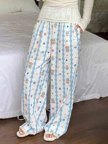 Dazy Plus Cartoon Floral Print Elastic Waist Loose Straight Leg Pajama Bottoms - Blue - View 4