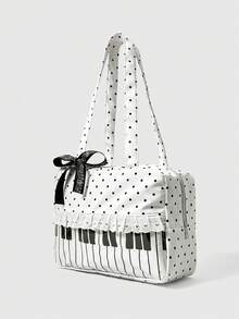 ROMWE Anime 1 pieza Bolso de mano de mujer con estampado de lunares, parche de corazón con lazo, estilo pop art. Bolso de hombro transparente de segunda generación con notas musicales, adecuado para compras, campus - Blanco puro - Ver 2