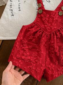 SHEIN LMoss Kids 女婴夏季休闲度假通勤纯色提花吊带连体衣 - 紅色 - 查看 5