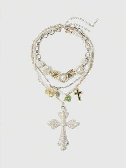 ROMWE Goth 2 件复古钛钢和心形吊坠多层项链套装情人节、妈妈、母亲、母亲节、礼物