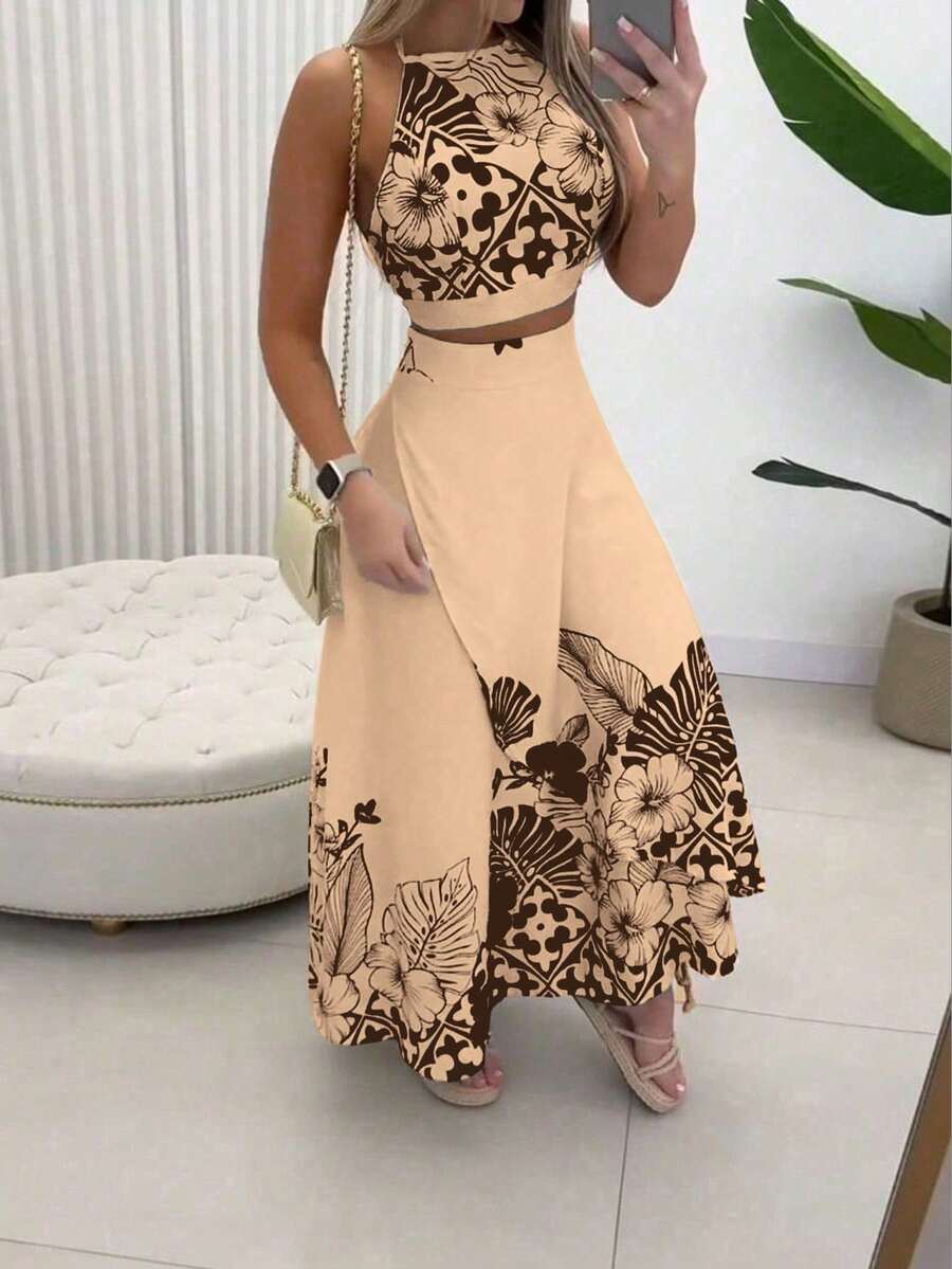 Breezaya 度假休闲热带印花露背上衣和半裙两件套 - 紫紅色 - 查看 1