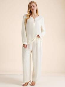 Parysyn Bộ đồ đơn giản bằng vải cotton và lanh dệt kim cỡ lớn dành cho nữ. - Màu be - Xem 6