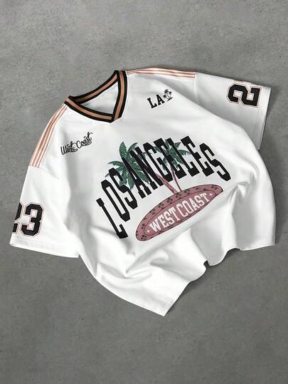 PAVTROS 男士休闲度假时尚街头日常通勤字母数字热带棕榈树印花撞色V领短袖T恤，夏季，情人节，春夏，送给男友的礼物，狂欢节，复古，街头服饰，派对，圣帕特里克节，外出