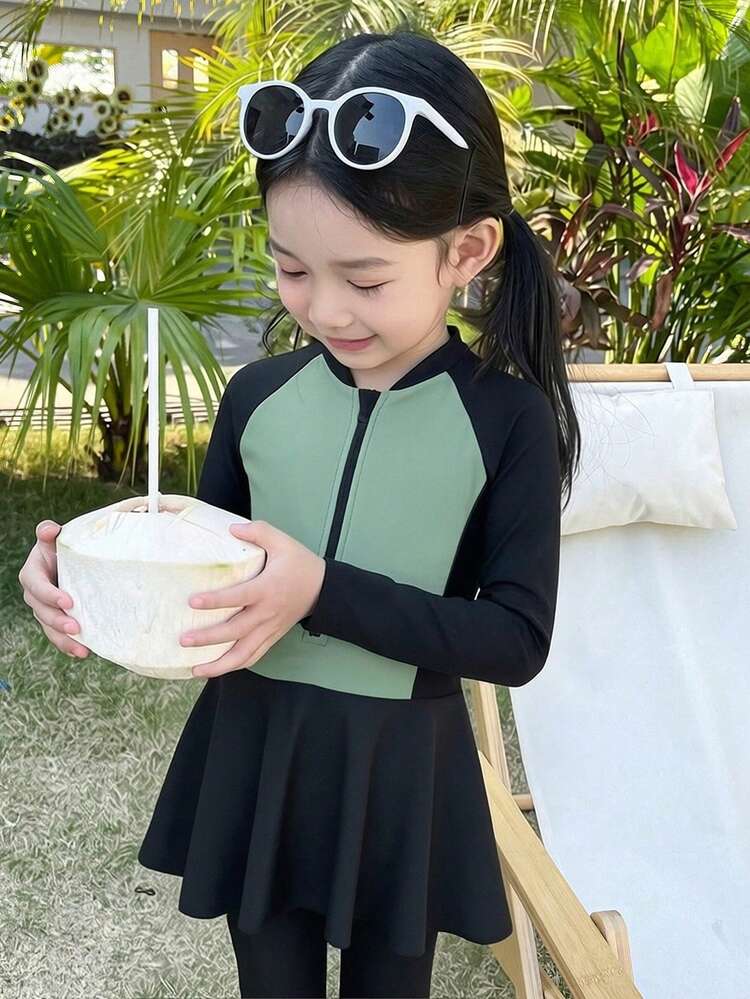 Young Girls Colorblock Long Sleeve Top And Pants Swimwear Set, Fall Summer