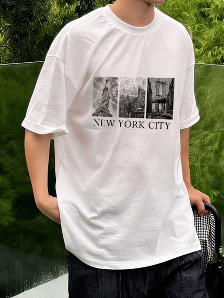 Men's Letter Print White Short Sleeve Crew Neck T-Shirt, Summer