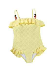 SHEIN 1件女童黄色梅花针织面料舒适修身荷叶边下摆连体泳衣，适合海滩、泳池、度假、夏季旅行 - 黃色 - 查看 6