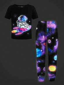 Bubblio Young Bo 宇航员与宇宙图案休闲简约修身圆领短袖长裤家居服，适合所有季节 - 彩色 - 查看 3