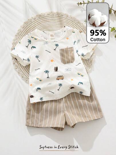 Cozy Pixies Set de 2 piezas: Top de manga corta con cuello vuelto y estampado de animales de dibujos animados suave de punto, y pantalones cortos de cintura elástica para bebé niño