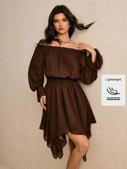 Poéselle Women's Casual Vacation Style Solid Color Off-Shoulder Ruffle Sleeve Waist Hanky Hem Dress, Spring/Summer/Autumn From Spring To Summer  Daily & Date Night Essential  Valentine's Day Outfit Elegant Dress