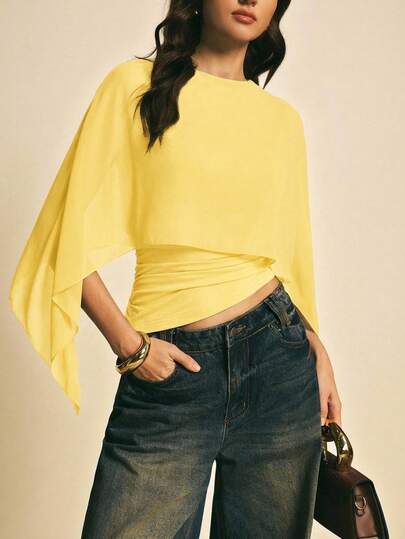 Poéselle Women's Solid Color Round Neck Pleated Cape Design Fashionable Top