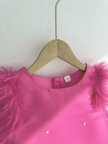 夏季少女珍珠仿毛皮装饰无袖A字公主裙，适合家庭聚会和日常穿着，连衣裙，少女晚礼服，粉色优雅连衣裙，少女粉色连衣裙 - 玫紅色 - 查看 3