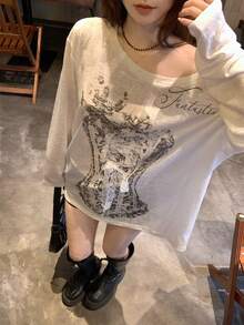 DAZY 女士斜肩长袖印花二合一韩版宽松上衣 - 白色 - 查看 3
