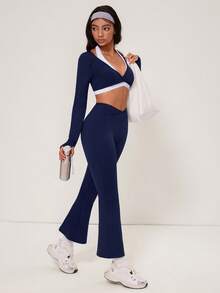 Hanevo Women's Long Sleeve Top And Flared Leg Pants 2 Pieces Set - Navy Blue - View 4