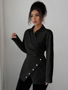 Modelyn 女士春秋季编织领长袖系带休闲两件套 - 黑色 - 查看 7