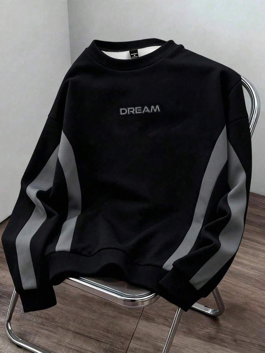 Manfinity Joysei Sudadera con cuello redondo de bloques de color para hombre, adecuada para otoño/invierno - Negro - Ver 1