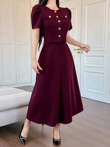 DAZY Women's Elegant Solid Color Textured Round Neck Puff Sleeve Faux Pocket Shirt And A-Line Skirt 2 Pieces Set, Summer - Burgundy - View 7