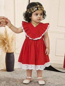 女婴休闲度假优雅刺绣蕾丝边V领荷叶袖修身A字连衣裙，红色 - 紅色 - 查看 4