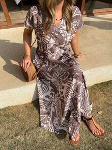 Vivie Lora Women's V-Neck Loose Brown Floral Print Dress Summer Sundress Boho Vacation Outfits Women - Brown - View 8