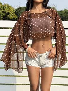 SHEIN EZwear Khaki Chiffon Polka Dot Women's Round Neck Slit Sleeve Cropped Shirt - Coffee Brown - View 5