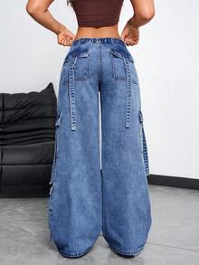 SHEIN EZwear 女士时尚工装口袋宽松牛仔裤 - 藍色 - 查看 2