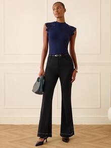 Lilora Women's Elegant Black Flare Pants,Black And Silver Studded Rhinestone Slit Bell Bottoms,High-End Classy Wide Leg Trousers For Autumn Party & Commute - Black - View 6
