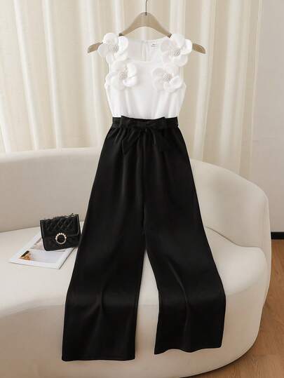 SHEIN Spring/Summer Girls' Sleeveless Floral Decor Ribbed Top And Wide Leg Pants Set (Sweet Princess Style, Suitable For Young Girls' Daily Outings, Parties, Cute Outfits, Fashionable Gatherings. White 3D Floral Accent On Black High-Waisted Design). Fashionable Casual Fitted Knit Jumpsuit