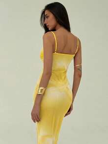 Aloruh Elegant Floral Print Cami Dress, Casual & Party Wear - Pale Yellow - View 2