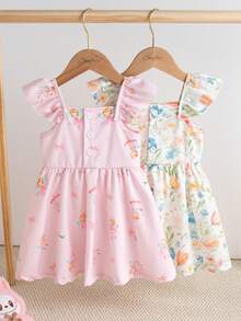 Souflis Souflis 2pcs/Set 0-3 Years Old Baby Girls' Floral Garden Print Cap Sleeve Dress, Cute, Fashionable And Sweet, Suitable For Vacation, Outdoor And Other Occasions Baby Girl Clothes Dresses For Girls Toddler Dresses - Multicolor - View 6