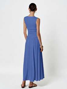 Aveloria Modichic White Minimalist Sophisticated Pleated Crew Neck Sleeveless Dress - Blue - View 5