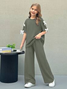 Firerie Kids Firerie Kids Nova Glow Tween 女童纯色圆领蝴蝶结宽松 T 恤和宽松长裤两件套休闲套装 - 軍綠色 - 查看 5