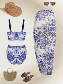 Swim Oasis 女士印花蓝白荷叶边上衣、高腰百搭泳裤和性感网纱裙三件套休闲泳装，适合海滩度假；三件套泳衣，款式简约；两件套泳装。 - 藍白色 - 查看 5
