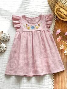 SHEIN Vintaside Kids 1pc Baby Girls' Summer Dresses New Round Neck Ruched Squishy Fabric Ruffle Sleeve Front Embroidered Half Open Back Hem Pink Simple Versatile Pastoral Sweet Cute Princess Dress - Pink - View 1