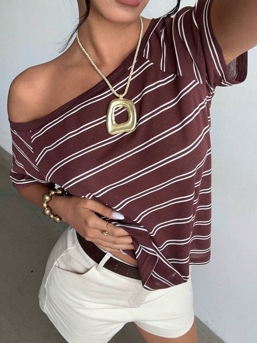 Aloruh Women's Casual Loose Asymmetrical Shoulder Brown Striped T-Shirt - Multicolor - View 1
