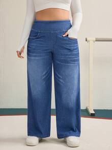 Flexra Plus Size Women Knitted Denim Casual Wide Leg Pants - Medium Wash - View 5