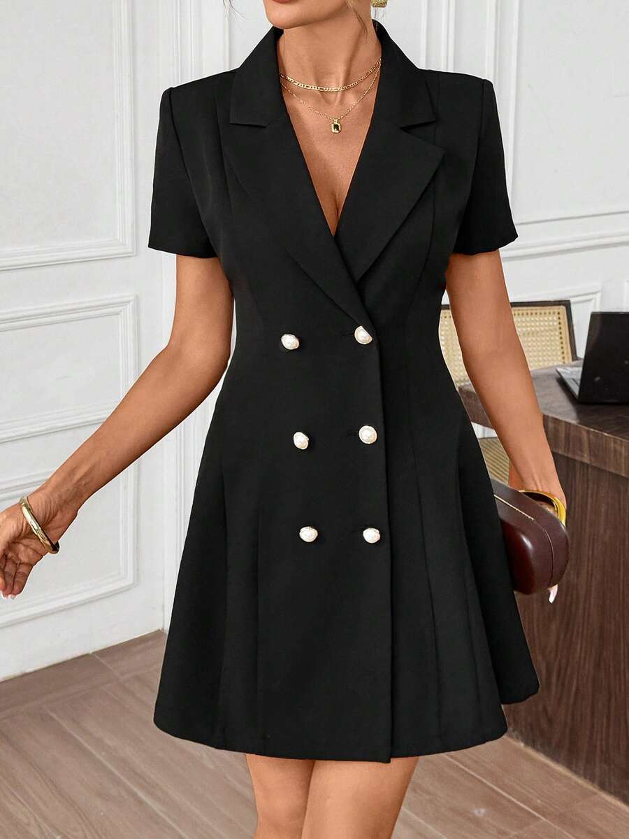 Editum Lapel Collar Double Breasted Blazer Dress In Spring/Summer - Black - View 1