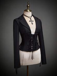 SHEIN ICON 女士时尚深色系带长袖修身上衣 - 黑色 - 查看 9