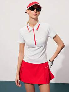 CourtClass Camisa polo de golf de manga corta con cuello con cremallera, estampado rojo y malla, de uso versátil y casual para mujer - Multicolor - Ver 6