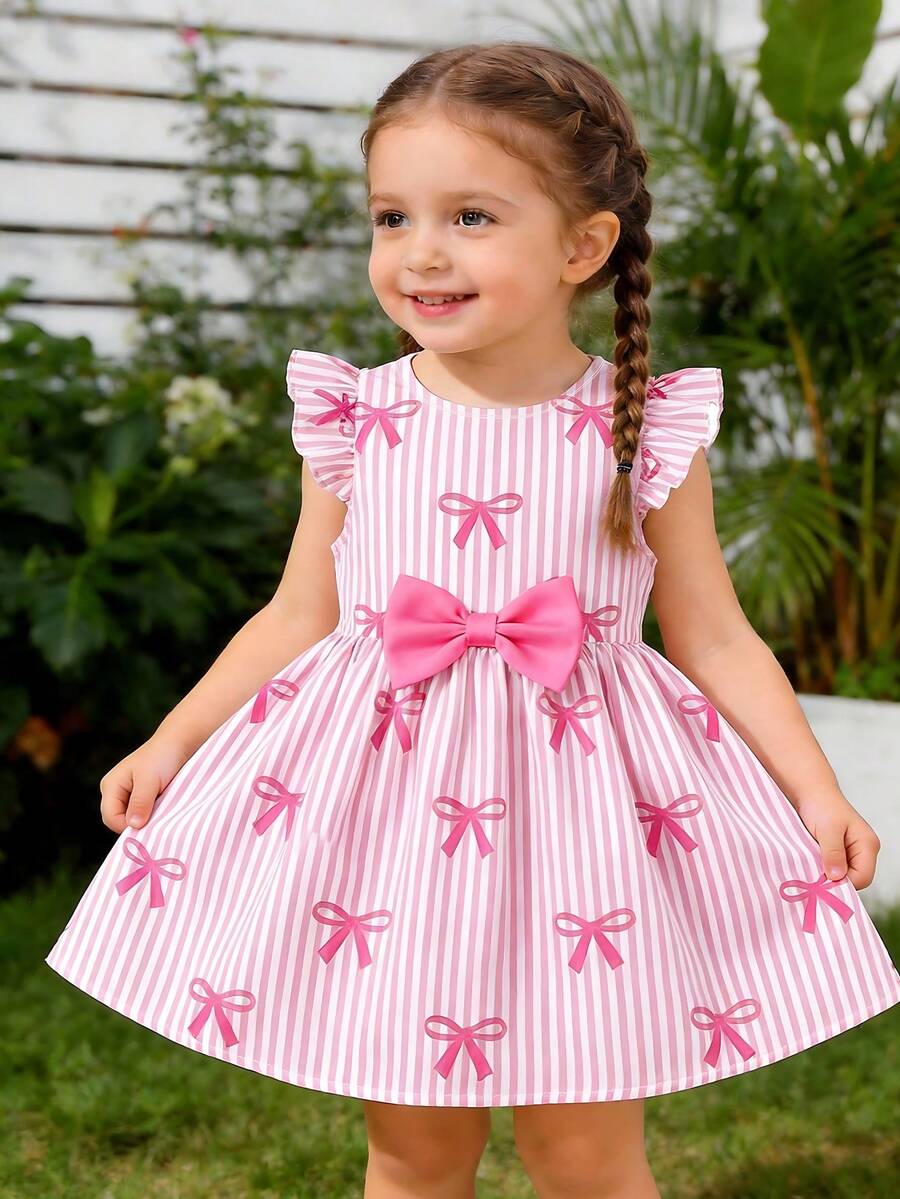 Elladie kids 1件女婴连衣裙,适合6个月至2-3岁,甜美公主风,粉白条纹+蝴蝶印花+短袖+3D蝴蝶结设计,轻盈柔软,可爱俏皮,适合生日派对/日常穿着,夏季款。 - 彩色 - 查看 1