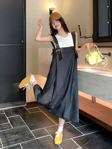 DAZY 女士复古无袖牛仔背带裙，设计细节让您看起来更年轻更苗条，中长款连身裙 - 黑色 - 查看 8