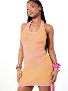 SUMWON WOMEN Fuzzy Crochet Knit Halter Mini Sweater Dress With Pink Contrast Trim And Side Tassels For Fall Winter - Yellow - View 4