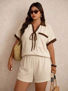 Elaquor Plus Size Contrast Color Short Sleeve Top & Solid Shorts 2 Pieces Set - Apricot - View 6